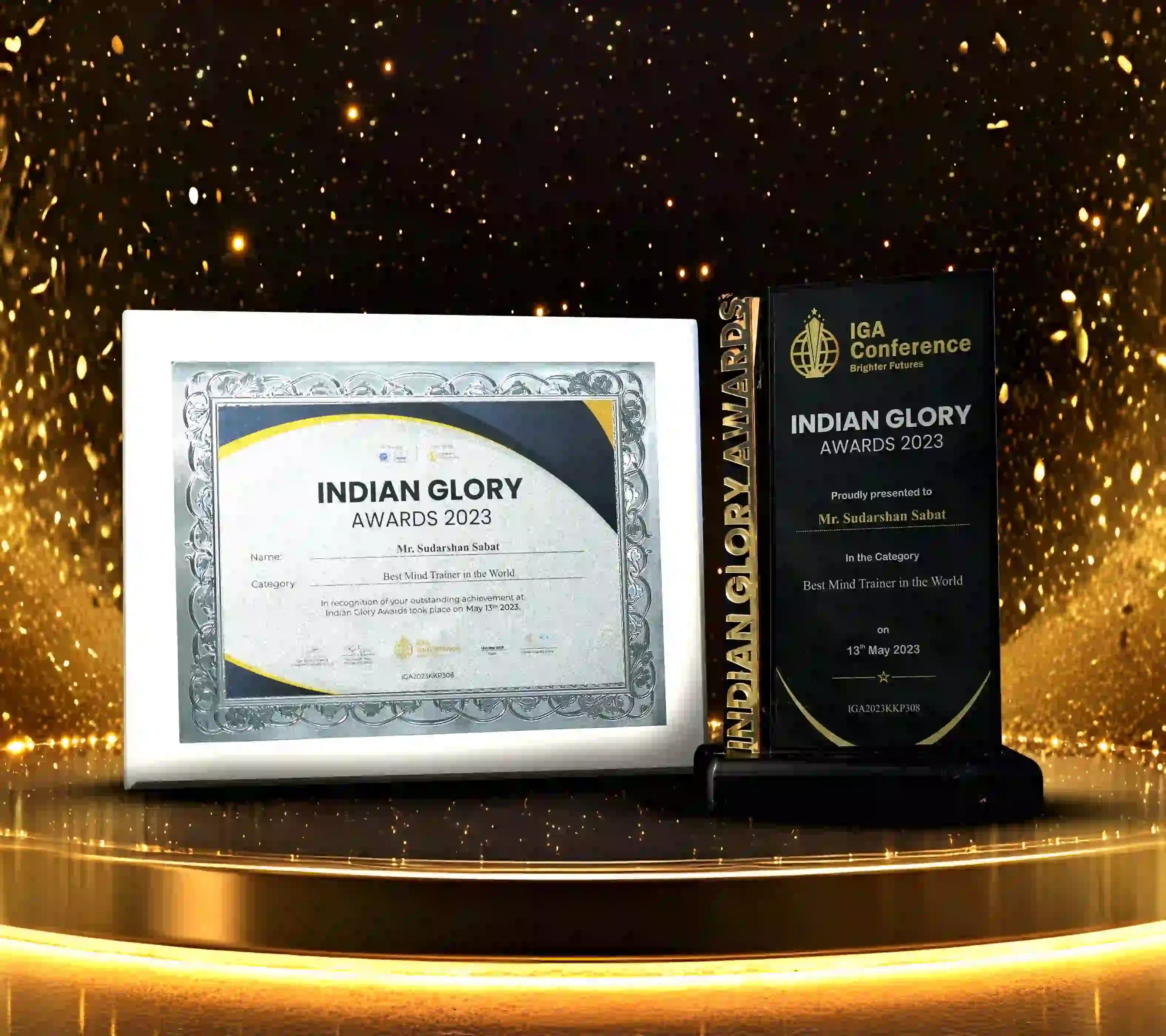 World MSME Business Awards 2023 certificate and trophy awarded to Mr. Sudarshan Sabat for Best Mind Trainer of India 2023.